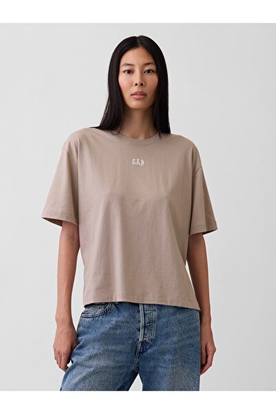 GAP Kadın Açık Kahverengi Oversized Logo Tunik T-Shirt
