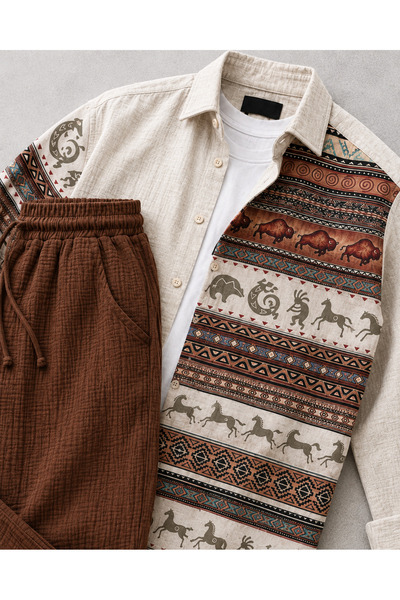 tiggir moda Dijital Baskılı Keten Gömlek ve Pantolon 2'li Takım