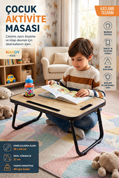 Nandy Kids Çocuk Katlanır Aktivite ve Çalışma Masası Tablet Telefon Bardak Tu...