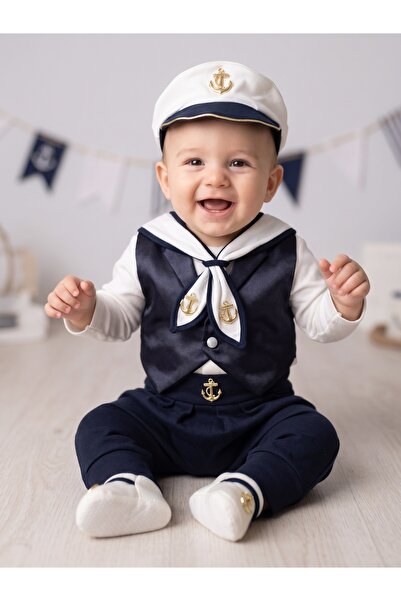Harry&Millie Baby Boy Navy Blue Sailor Suit 6-Piece Costume Baby Gift (Boxed)