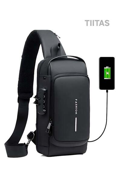 TIITAS Anti-Theft Crossbody Sling Bag for Men USB Charging Port Lockable Zipp...