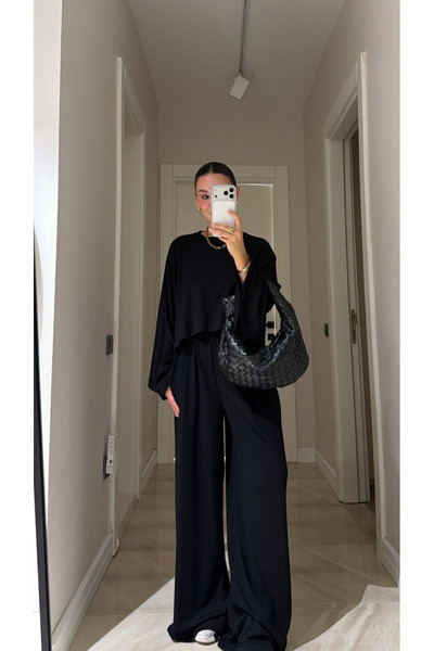 My Blog Black Bat Sleeve Detailed Trousers Set - 4025