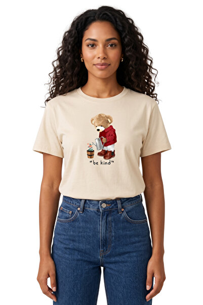 DK DAKSEL Women's Beige Be Kind Teddy Bear Printed T-Shirt 100% Cotton Comfor...