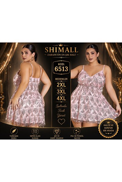 Kadın Büyük Beden Pudra Pembe Payetli Püsküllü Mini Elbise 2XL 3XL 4XL İnce Askılı Işıltılı Şık Abiye 6513