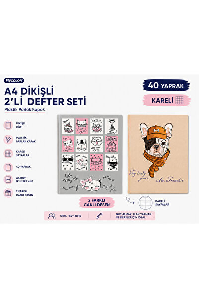 FLY COLOR Dikişli A4 40 Yaprak Kareli Defter Seti Plastik Parlak Kapak Okul D...