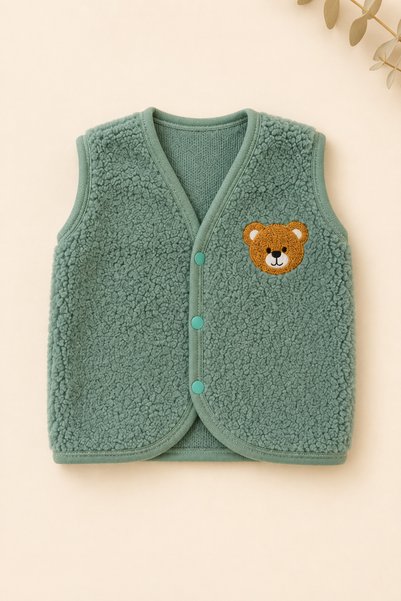 Beniizle Ayıcık Nakışlı Çıtçıtlı Welsoft Unisex 2'li Bebek Yelek
