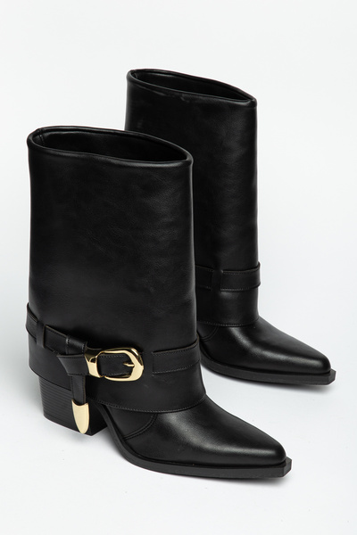 MS SUGAR SHOES Kadın Siyah Suni Deri Vegan Western Kovboy Çizme Sivri Burun T...