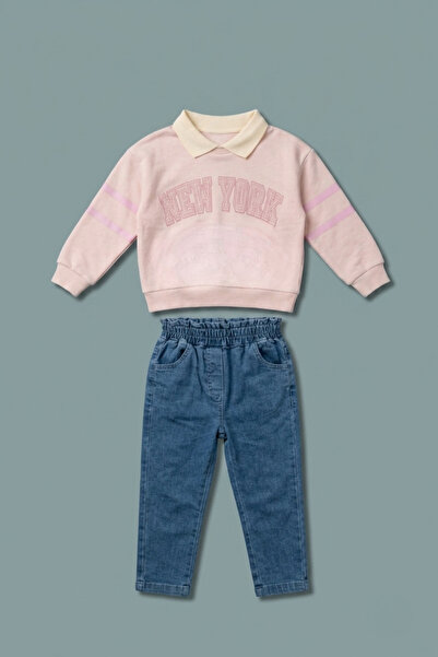 zumino Girl's Polo Collar Sweatshirt and Jean Pants Set