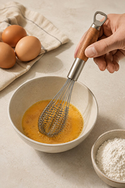 Kitchen Way مضرب بيض يدوي من الفولاذ المقاوم للصدأ بمقبض من خشب الأكاسيا، خلا...