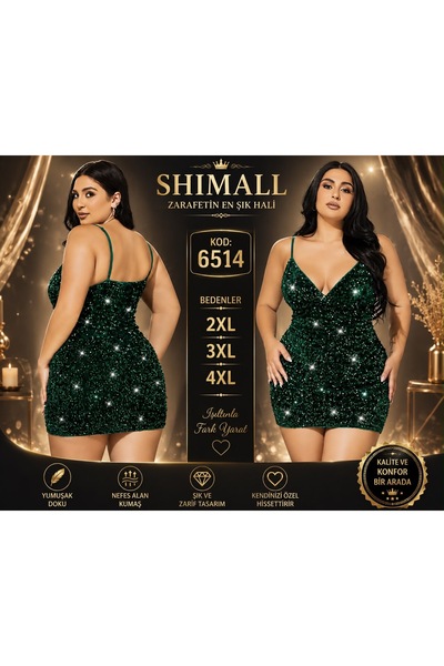 Kadın Büyük Beden Zümrüt Yeşili Payetli Mini Elbise 2XL 3XL 4XL İnce Askılı V Yaka Işıltılı Abiye 6514