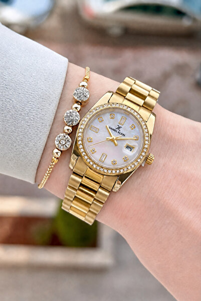 Daniel Klein Gold Color 28 mm Women Wrist Watch and Bracelet