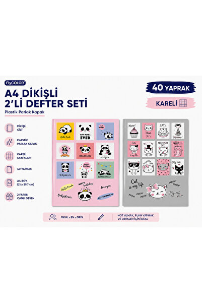 FLY COLOR Dikişli A4 40 Yaprak Kareli Defter Seti Plastik Parlak Kapak Okul D...