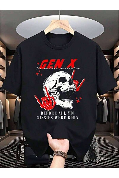 kai22 تي شيرت قطني مطبوع عليه جمجمة من Gen X مقاس كبير، مريح وقابل للتنفس للا...