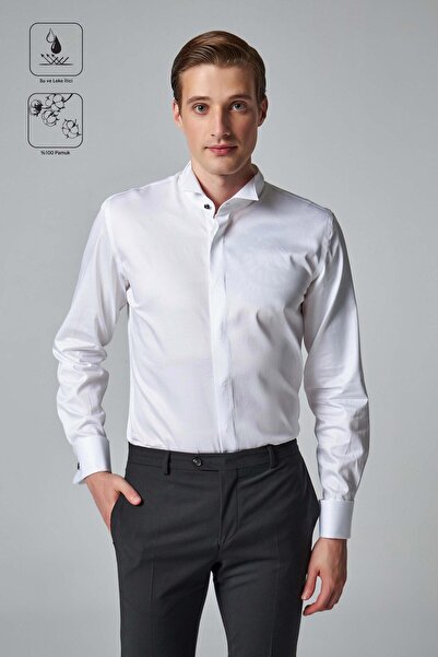 Damat Slim Fit Beyaz Düz %100 Pamuk Nano Care Smokin Gömlek