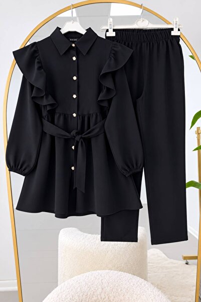VOLT CLOTHİNG Kadın Fırfır Detaylı Kol Büzgülü Pantolonlu Tesettür Takım