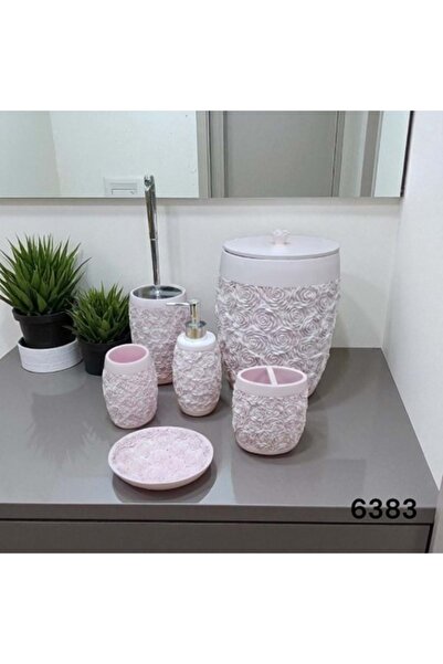 Genel Markalar konak alışveriş 6383-BANYO SETİ POLYESTER PEMBE GÜLLÜ