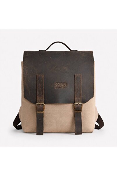 OLD COTTON BAGS Bej Deri Detaylı Laptop Bölmeli Kanvas Sırt Çantası 35x29x12 cm