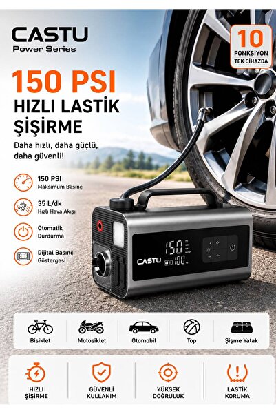 CASTU CS69 PLUS MAX 18000 MAH Araç Süpürgeli Akü Takviyeli Hava Kompresörü Şarjlı Powerbankli Göstergeli Araç Lastik Şişirme