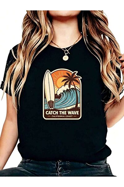26LIK Retro Vintage Style Women's T-Shirt Catch The Wave California Coast Sur...