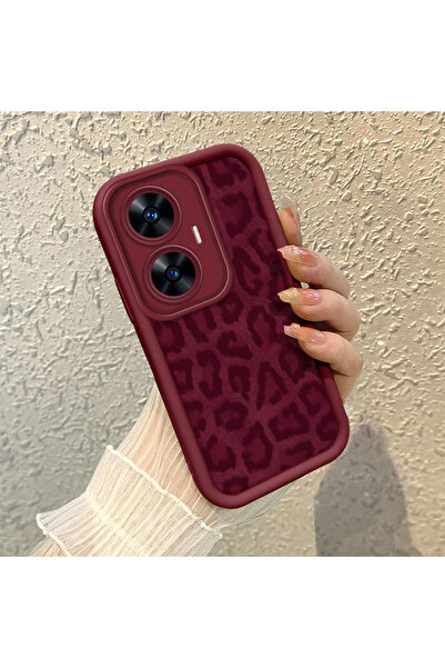 CHICASELUX Realme C55 Uyumlu Yüksek kalite bordo leopar desenli yumuşak silik...