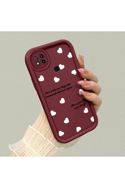CHICASELUX Redmi 9C/10A Uyumlu Bordo renk sade kalp ingilizce cümle deseni da...