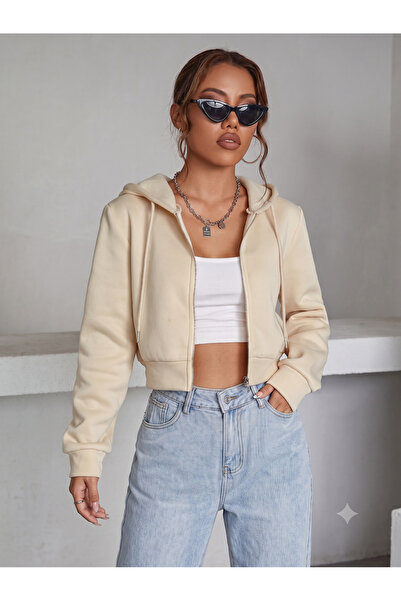 thefun fashion Kadın Bej Kapüşonlu Fermuarlı Oversize 3 Iplik Şardonlu Crop H...