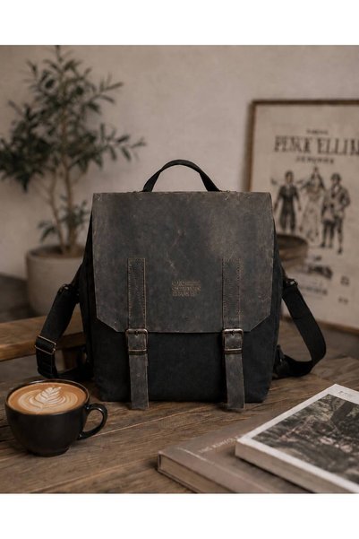 OLD COTTON BAGS Black Leather Detailed Canvas Backpack with Laptop Compartment 35X29X12 cm