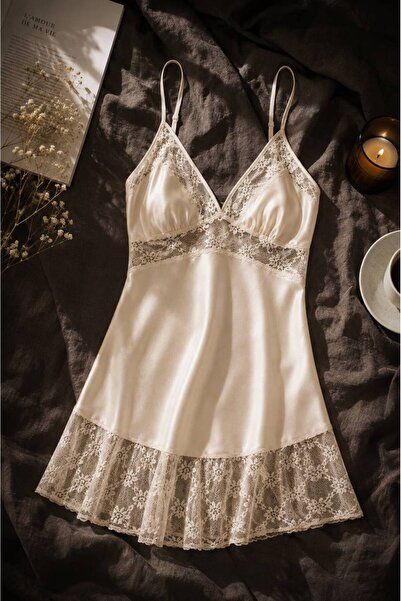 ROZENİN LINGERIE Dantel Detaylı Saten Askılı Yumuşak Dokulu Gecelik