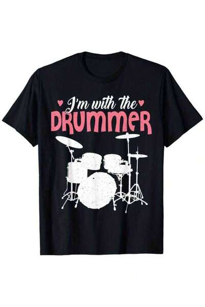 21JNRY تي شيرت رجالي مقاس كبير بطبعة "I'm With The Drummer" برقبة دائرية وأكم...