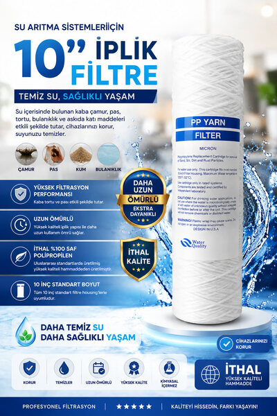 AQUA BELLA 10 İnç İplik Su Arıtma Filtresi - 5 Mikron Sarma İp Tortu Kir Pas ...