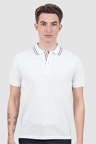 Bakers Tricou polo alb slim fit pentru bărbați cu guler contrastant
