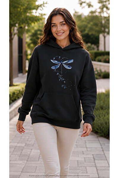 EMMODA Women's Dragonfly Graphic Printed Hooded Kangaroo Pocket Casual Basic ...