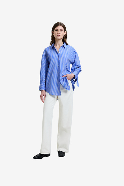 French Connection Women's Azure Blue/Linen Whi Cambria Cotton Striped Bow Shirt