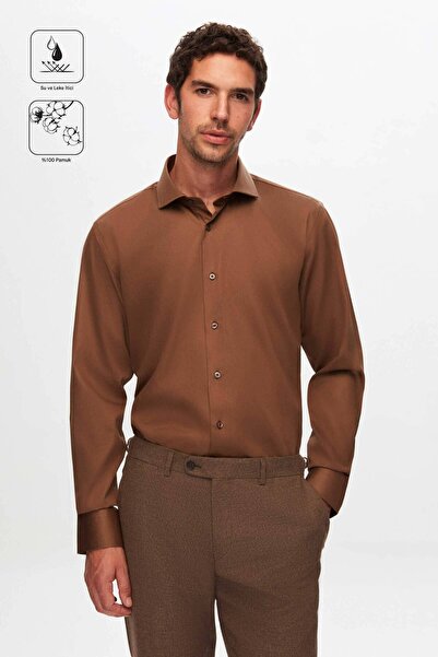 Damat Slim Fit Kahverengi Düz Nano Care Gömlek
