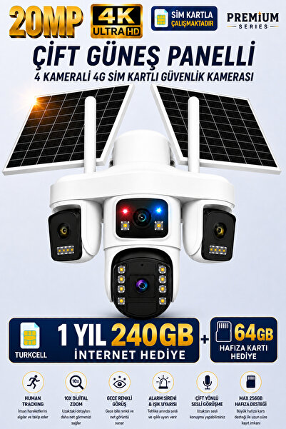 Trio SGX-479 4 Lensli Çift Solar Güneş Panelli Kamera 64GB Hafıza Kartı+240GB Sim Kartlı Güvenlik Kamerası