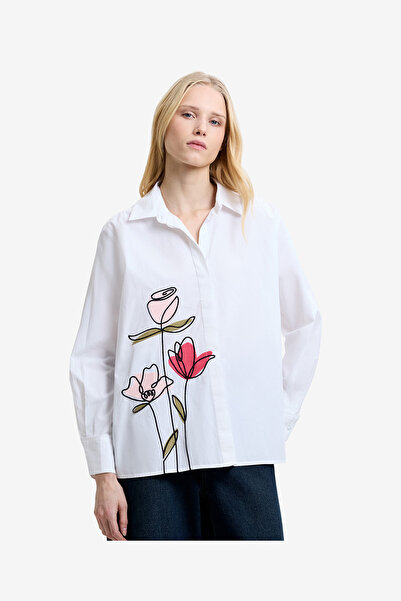 French Connection Women's Linen White Multi Cambria Cotton Flower Shirt