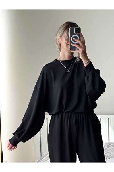 LolaCollection Kadın Siyah 2'li Eşofman Takımı Oversize Sweatshirt Lastikli P...