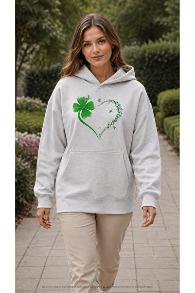 EMMODA Women's Four Leaf Lucky Clover and Floral Heart Print Hooded Kangaroo ...