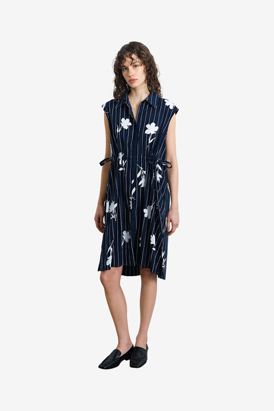 French Connection Women's Navy/Linen White Cambria Cot Slvles Drwstr Dress