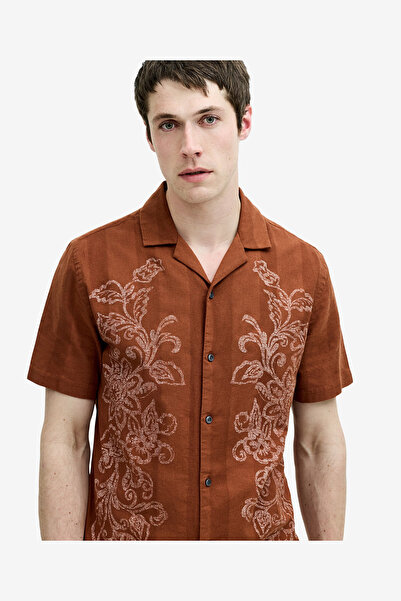 French Connection Men's Short Sleeve Dobby Brown Floral Print Holiday Shirt