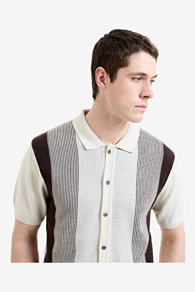 French Connection Men's Chocolate Brown/Ecru Ss Button Through Stripe Polo T-...