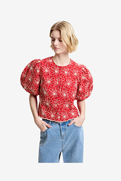 French Connection Women's Watermelon Red Rorry Cotton Broidered Button Throug...