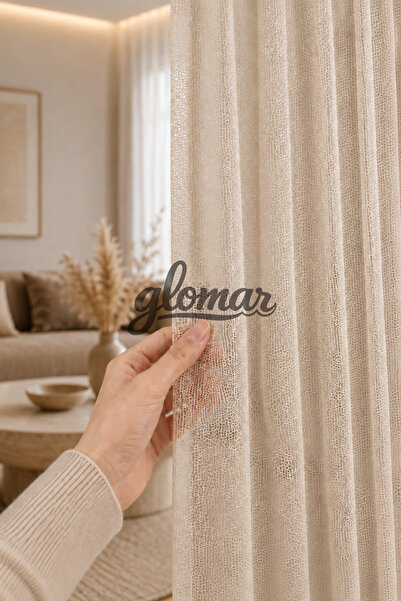 GLOMAR Petek Desenli Bej Tül Perde 1/3 SIK PİLELİ Salon Oturma Odası Korniş D...