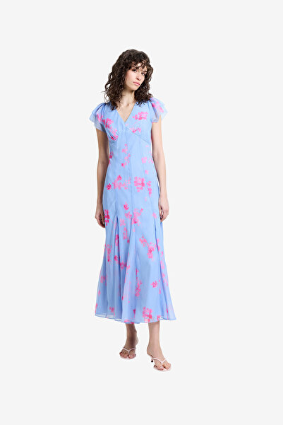 French Connection Women's Blue/Pink Multi Myla Hallie Crinkle Tea Dress