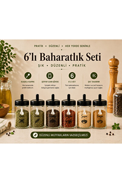 Homsen 6'lı Etiketli Kaşıklı Kapaklı Cam Baharatlık Seti Şeffaf Baharat Kavan...