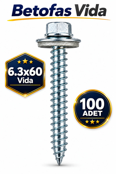 Badem10 100 Adet Betofast 6.3x60 mm Sivri Uçlu Çatı Beton Ağaç Vidası EPDM Pu...