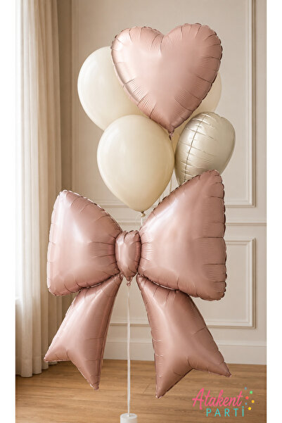 ATAKENT PARTİ Pink Bow and Heart Foil Balloons Sea Sand Balloon Set