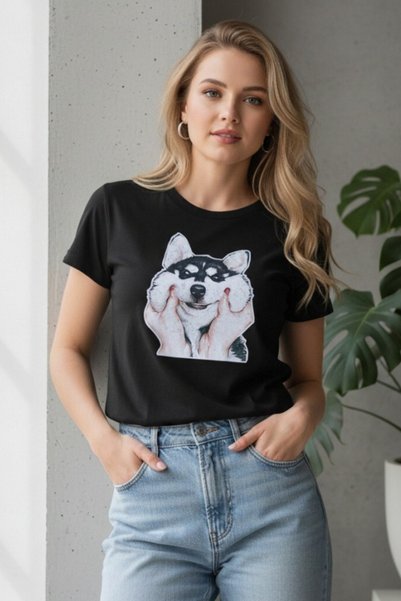OEM Tricou casual de damă cu imprimeu cu cățeluș husky, decolteu rotund și mâ...