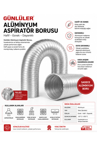 günlüler Telsiz Alüminyum Aspiratör Borusu Esnek Havalandırma Borusu
