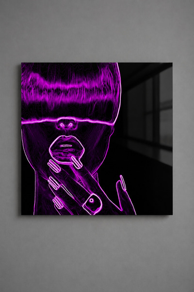 Özel Tasarım Premium Fine Art Diasec (Dipleks) Tablo - Neon Kadın Portresi - Pleksi Sandviç Duvar Dekoru (100x100 cm)